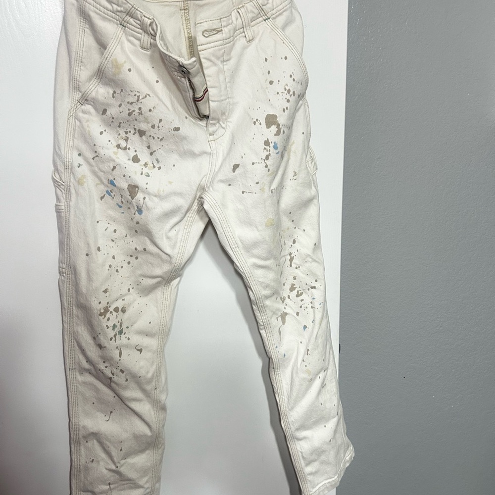 Anthropologie Cream Straight-Leg Jeans with Neutral Paint Splatter
